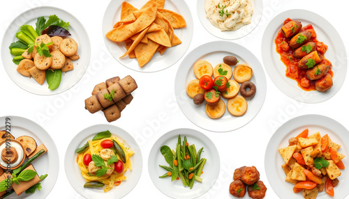 Lot of appetizer food plates isolated with white highlights, png