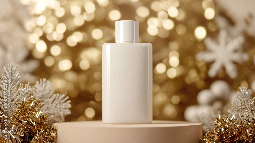 Festive Holiday Cosmetic Product Mockup Elegant White Bottle Gold White Decorations Bokeh Background Festive Holiday Cosmetic Product Mockup Elegant White Bottle Gold White Decorations Bokeh Background