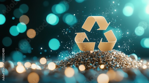 Recycling symbol on glittering background, representing sustainability. photo