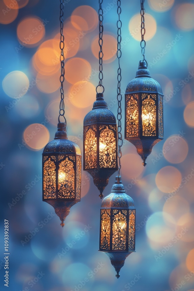 Exquisite Hanging Lanterns with Warm Glow Against a Dreamy Blue Bokeh Background – Perfect for Cozy Ambiance and Home Decor Inspiration Exquisite Hanging Lanterns with Warm Glow Against a Dreamy Blue Bokeh Background – Perfect for Cozy Ambiance and Home Decor Inspiration