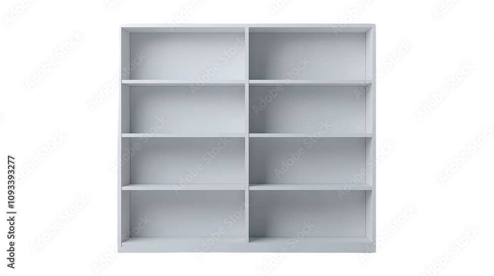 A minimalist white bookshelf with several empty shelves, standing on a plain white background A minimalist white bookshelf with several empty shelves, standing on a plain white background