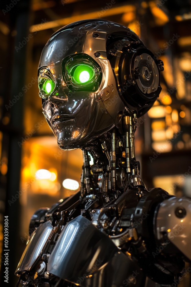 Fototapeta premium Futuristic Robot with Green Eyes: High-Tech Android Portrait in Urban Setting - Perfect for Sci-Fi, Technology, and Innovation Themes