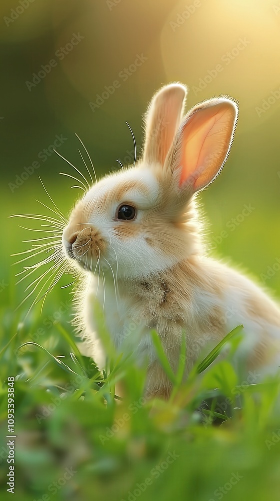 Cute little bunny sitting in green grass under bright sunlight looking away in a spring setting Cute little bunny sitting in green grass under bright sunlight looking away in a spring setting