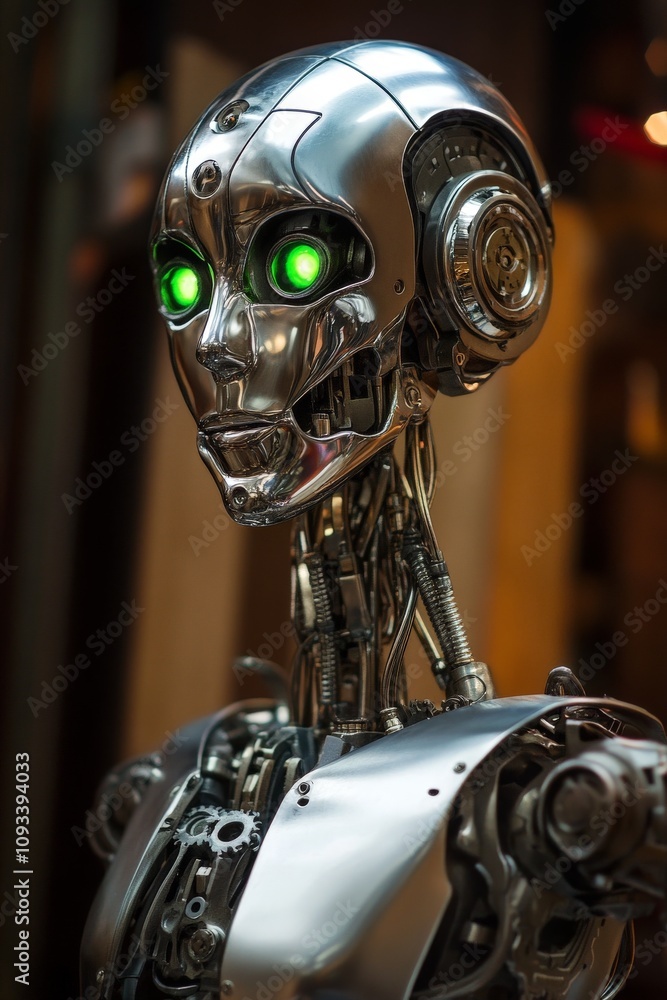 Fototapeta premium Futuristic Silver Robot with Green Eyes: Advanced AI Technology and Cybernetic Design in a Sci-Fi Setting
