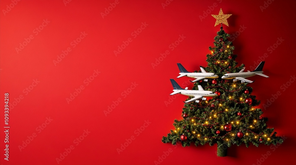 Festive holiday travel concept: Christmas tree adorned with ornaments and lights, topped with toy airplanes instead of star, against vibrant red background. Festive holiday travel concept: Christmas tree adorned with ornaments and lights, topped with toy airplanes instead of star, against vibrant red background.