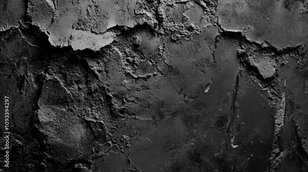 Obraz premium Dark gray textured cement backdrop featuring intricate cracks and layers, ideal for enhancing product presentations with a moody aesthetic.