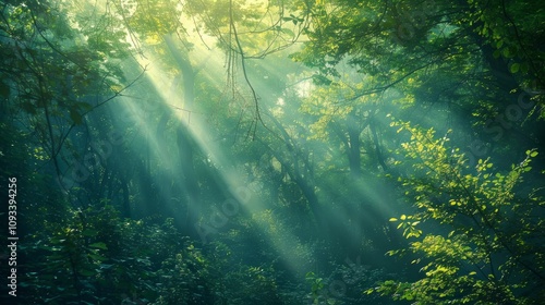 Spectacular morning sun light rays in the forest. Green forest during a beautiful summer warm day 