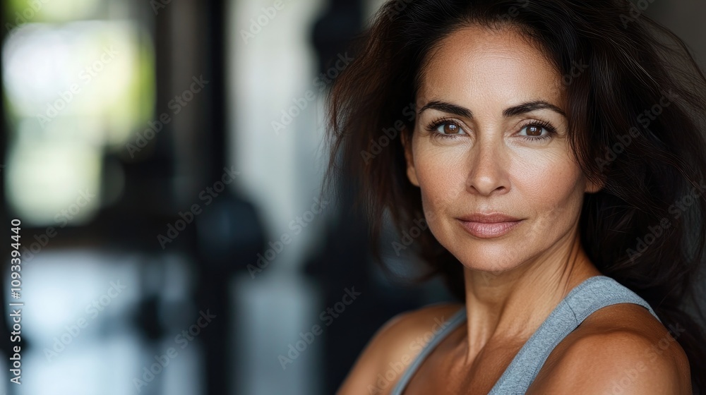 Mature Hispanic woman confidently posing in a gym, gazing directly at the camera with a serene expression and healthy, radiant complexion. Mature Hispanic woman confidently posing in a gym, gazing directly at the camera with a serene expression and healthy, radiant complexion.
