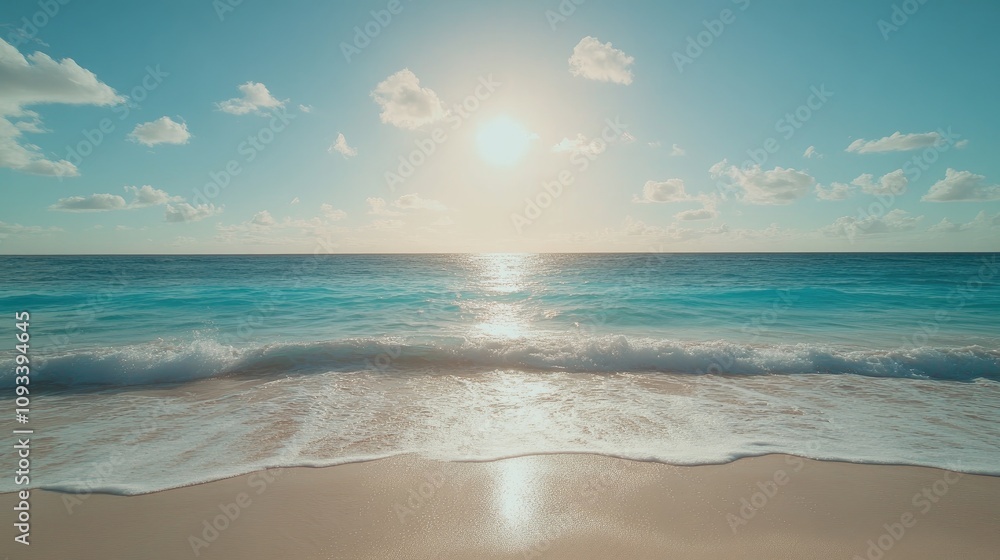 Tropical beach scenery with a bright sun rising over turquoise waves, soft clouds against a blue sky, and clear sandy shores, capturing a serene natural landscape. Tropical beach scenery with a bright sun rising over turquoise waves, soft clouds against a blue sky, and clear sandy shores, capturing a serene natural landscape.
