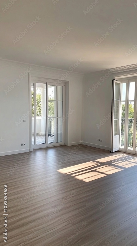 Obraz premium Sunlit spacious room with gleaming hardwood floors and French doors opening to balconies, creating an airy, inviting atmosphere in a modern apartment interior.