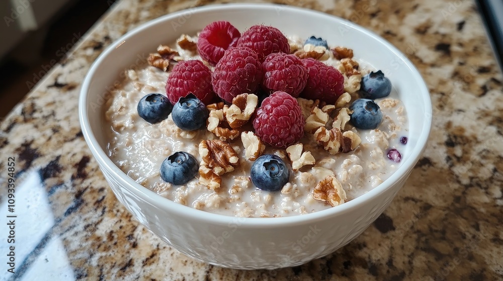 Delicious bowl of oatmeal topped with fresh raspberries, blueberries, crunchy walnuts, and a drizzle of honey for a healthy breakfast treat. Delicious bowl of oatmeal topped with fresh raspberries, blueberries, crunchy walnuts, and a drizzle of honey for a healthy breakfast treat.