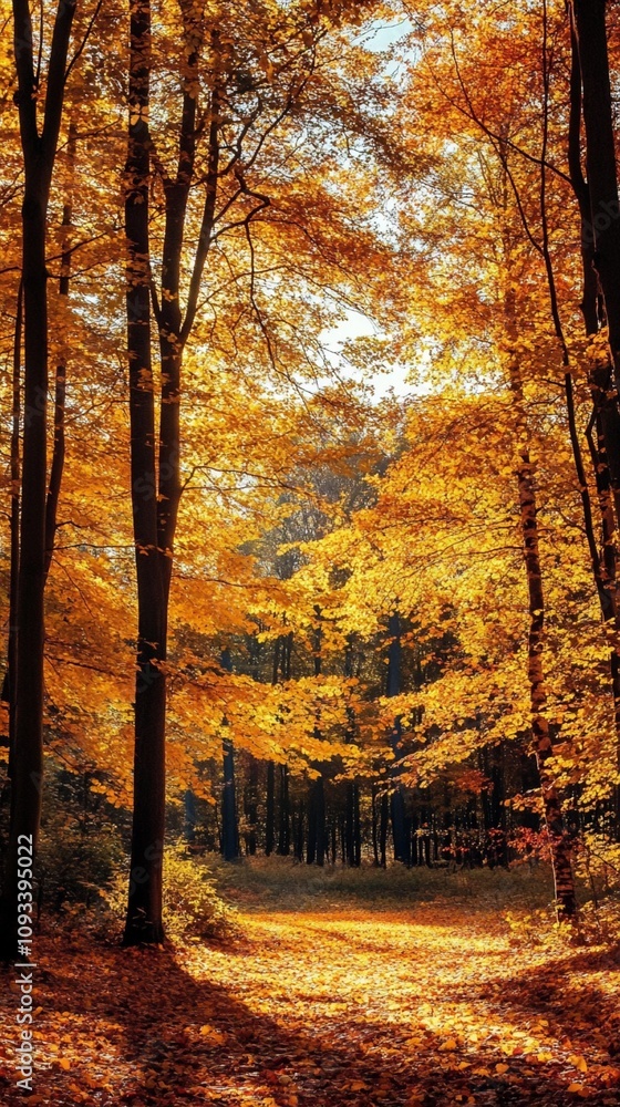 Fototapeta premium Sunlight filters through vibrant golden foliage in a tranquil autumn forest, illuminating a winding path that beckons exploration amidst the seasonal splendor.