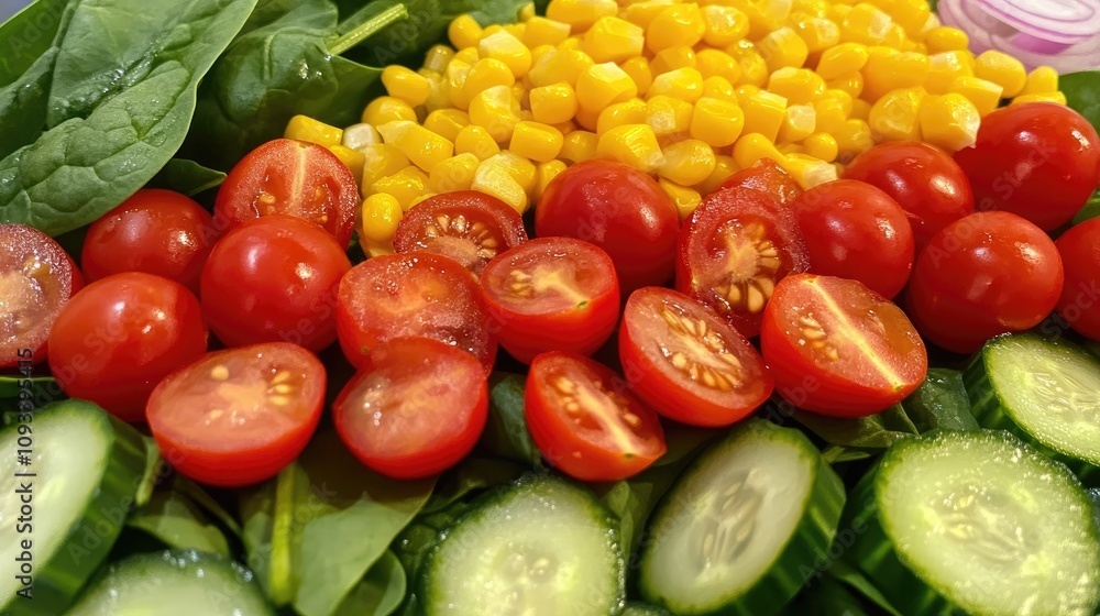 Vibrant vegan salad with fresh spinach, juicy cherry tomatoes, sweet corn, crisp cucumber slices, and colorful red onion. Perfect for health enthusiasts. Vibrant vegan salad with fresh spinach, juicy cherry tomatoes, sweet corn, crisp cucumber slices, and colorful red onion. Perfect for health enthusiasts.