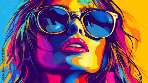 Colorful pop art portrait of a person with sunglasses, vibrant background. Vibrant Pop Art. Illustration