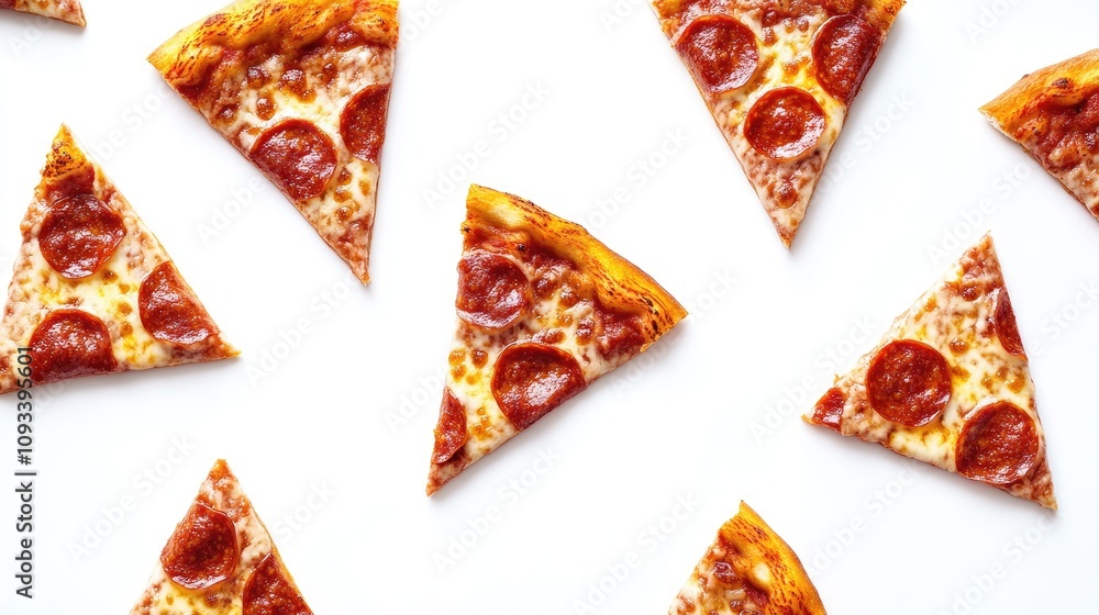 Slices of pepperoni pizza arranged on a clean white background showcasing the crispy crust and cheesy texture. Slices of pepperoni pizza arranged on a clean white background showcasing the crispy crust and cheesy texture.