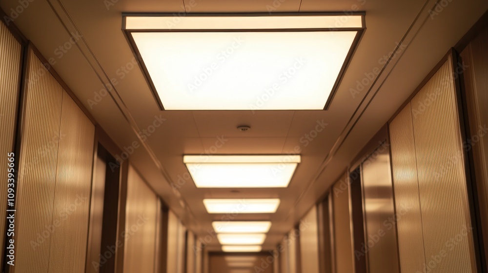 Illuminated fire exit light box mounted on ceiling in a dimly lit hotel corridor with sleek wooden paneling and modern design features Illuminated fire exit light box mounted on ceiling in a dimly lit hotel corridor with sleek wooden paneling and modern design features