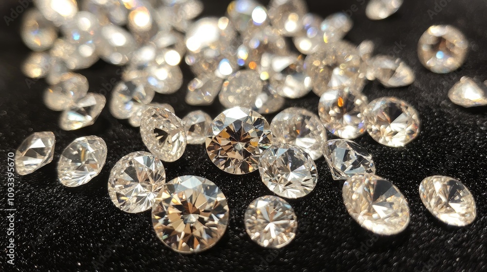A collection of sparkling cut diamonds of diverse sizes glimmer under soft lighting on a luxurious black velvet backdrop. A collection of sparkling cut diamonds of diverse sizes glimmer under soft lighting on a luxurious black velvet backdrop.