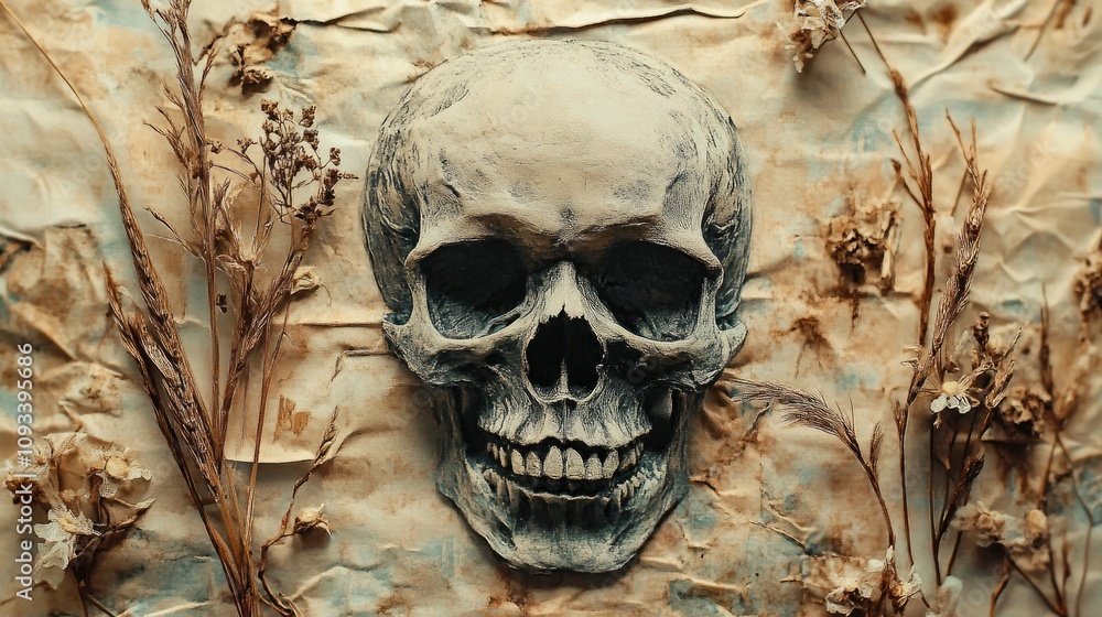 Decorative paper card showcasing a human skull surrounded by dried plants against a textured background for a unique artistic presentation. Decorative paper card showcasing a human skull surrounded by dried plants against a textured background for a unique artistic presentation.