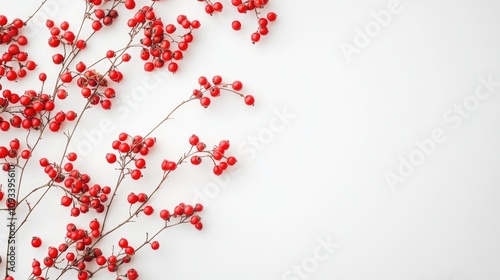 Vivid clusters of red rowanberries arranged artistically against a clean white backdrop, showcasing their bright color and natural beauty.