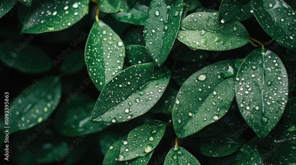 Fototapeta premium Lush green leaves adorned with glistening water droplets in a softly focused, natural setting, showcasing natureâ€™s refreshing beauty.