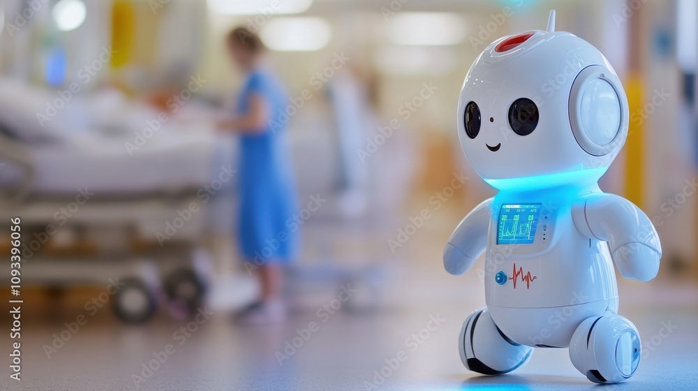 A robot is standing in a hospital room A robot is standing in a hospital room
