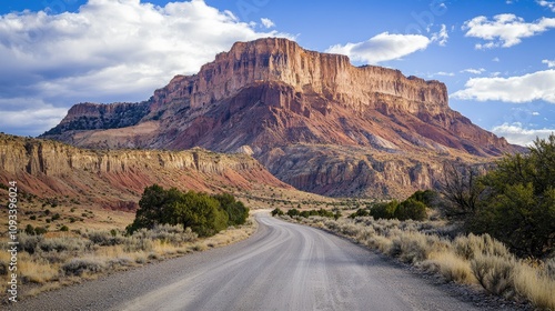 Majestic mountain towering over a winding road with canyon views vivid landscapes showcasing vibrant nature and adventurous travel vibes