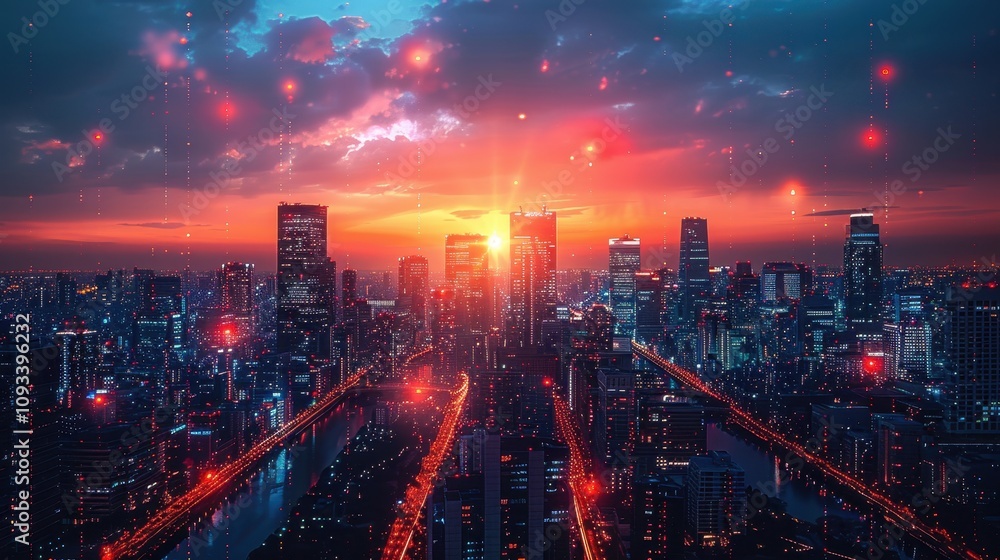 City skyline illuminated by a vibrant sunset with reflections on skyscrapers and waterways. Generative AI City skyline illuminated by a vibrant sunset with reflections on skyscrapers and waterways. Generative AI