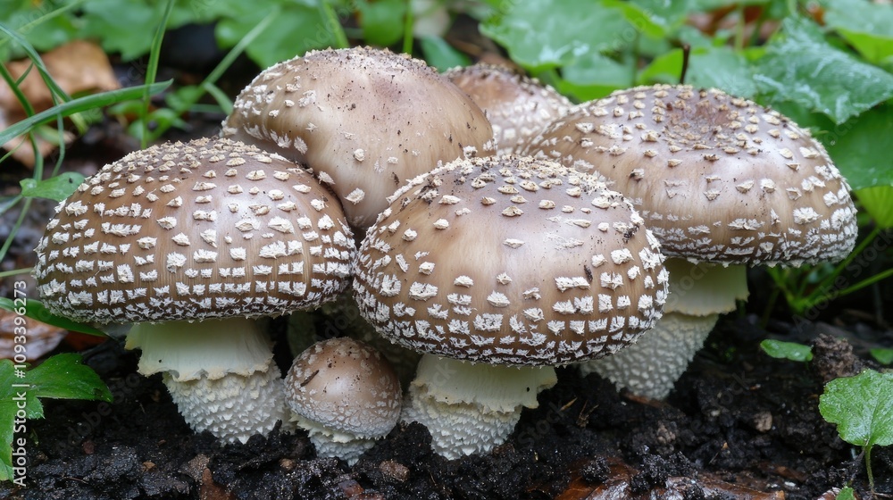 Mushrooms growing in a lush forest setting, showcasing their distinctive spotted caps amidst damp autumn foliage, ideal for wild foraging. Mushrooms growing in a lush forest setting, showcasing their distinctive spotted caps amidst damp autumn foliage, ideal for wild foraging.