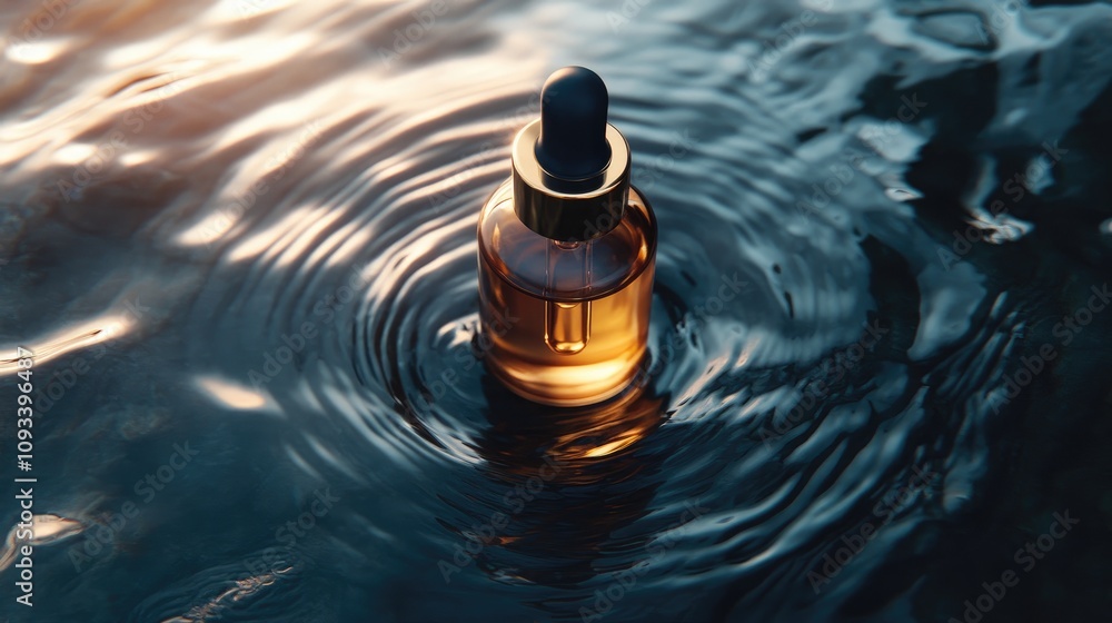 Serum bottle with dropper floating on tranquil water ripples, illuminated by soft lighting, featuring ample copy space for professional product display. Serum bottle with dropper floating on tranquil water ripples, illuminated by soft lighting, featuring ample copy space for professional product display.