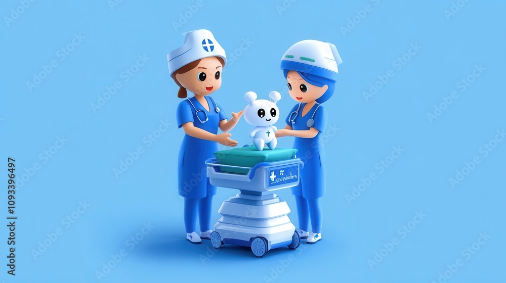 Two nurses are holding a white stuffed animal