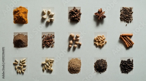 Selection of garam masala spices including turmeric, star anise, and cinnamon organized neatly on a solid surface for culinary presentation