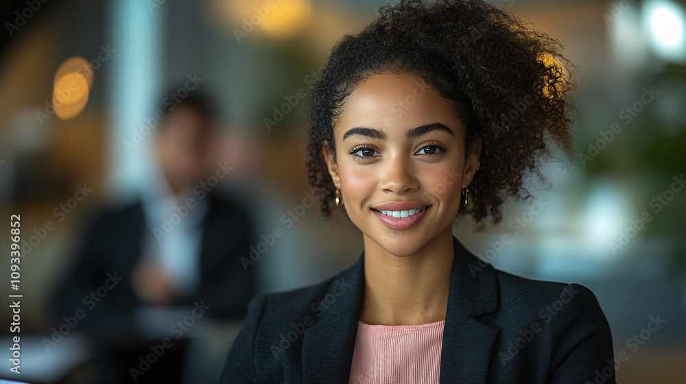 a young Black woman with curly hair smiling at the camera. She's wearing a dark blazer over a pink top. The background is blurred, showing an office environment.. a young Black woman with curly hair smiling at the camera. She's wearing a dark blazer over a pink top. The background is blurred, showing an office environment..