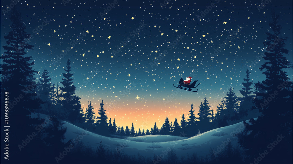 Naklejka premium Santa's Night Flight: A magical Christmas Eve scene, Santa Claus soars through a starlit sky in his sleigh, silhouetted against a breathtaking winter landscape. A perfect image for holiday cards.