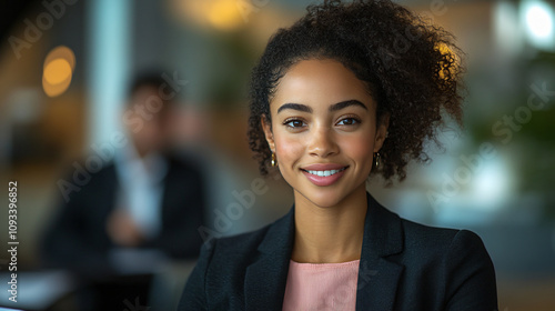 a young Black woman with curly hair smiling at the camera. She's wearing a dark blazer over a pink top. The background is blurred, showing an office environment..