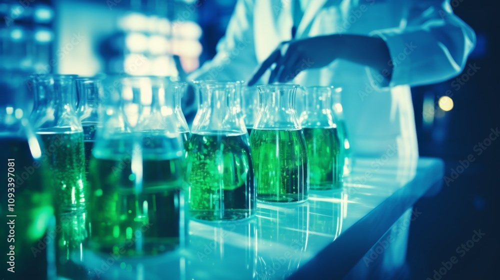 the doctor working in a laboratory background with row of green science bottles the doctor working in a laboratory background with row of green science bottles