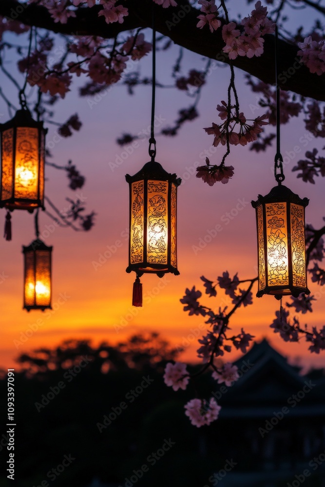 Serene Sunset with Lanterns and Cherry Blossoms: A Tranquil Evening Scene for Peaceful Ambiance and Nature Inspiration Serene Sunset with Lanterns and Cherry Blossoms: A Tranquil Evening Scene for Peaceful Ambiance and Nature Inspiration