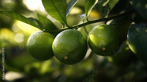 Vibrant green limes hanging on a lush branch with rich leaves, showcasing freshness and natural beauty in a sunlit setting. photo