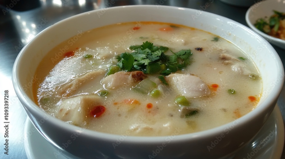 Coconut Chicken Soup Garnished with Fresh Cilantro and Vegetables in a Creamy Broth with a Hint of Spice and Vegetarian Alternative Option Coconut Chicken Soup Garnished with Fresh Cilantro and Vegetables in a Creamy Broth with a Hint of Spice and Vegetarian Alternative Option