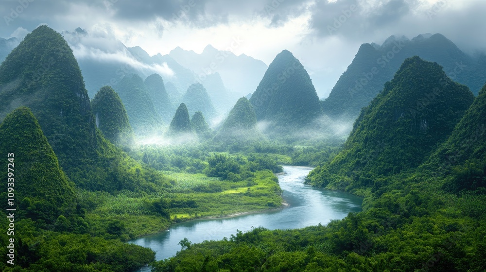 Majestic mountains surrounded by lush hills with a serene river weaving through the landscape under a misty, tranquil morning sky. Majestic mountains surrounded by lush hills with a serene river weaving through the landscape under a misty, tranquil morning sky.