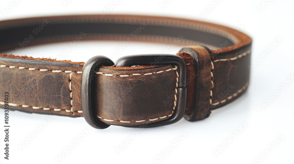 Close-up of a brown leather belt showcasing intricate stitching and a metal buckle. Close-up of a brown leather belt showcasing intricate stitching and a metal buckle.
