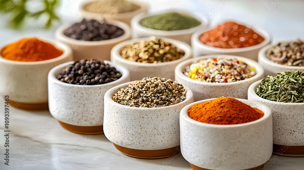 Assorted spices and seasonings in ceramic bowls with vibrant colors. Culinary essentials, natural ingredients, food photography, kitchen decor Assorted spices and seasonings in ceramic bowls with vibrant colors. Culinary essentials, natural ingredients, food photography, kitchen decor