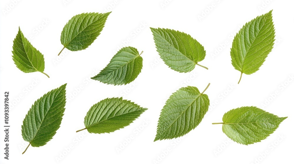 Assorted green leaves floating gracefully against a clean white backdrop showcasing various shapes and textures. Assorted green leaves floating gracefully against a clean white backdrop showcasing various shapes and textures.