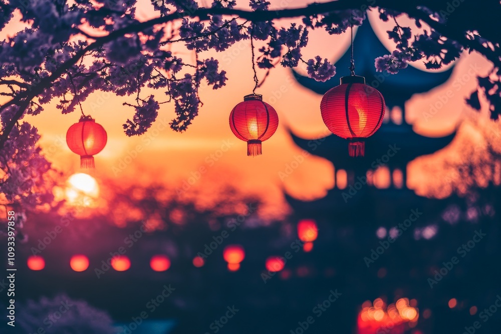 Stunning Sunset Over Lanterns and Cherry Blossoms Near Traditional Pagoda - Vibrant Scene Celebrating Asian Culture and Beauty Stunning Sunset Over Lanterns and Cherry Blossoms Near Traditional Pagoda - Vibrant Scene Celebrating Asian Culture and Beauty