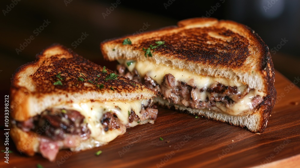 Gooey grilled cheese sandwich on crispy golden bread filled with melted cheese and savory meat, presented on a wooden cutting board. Gooey grilled cheese sandwich on crispy golden bread filled with melted cheese and savory meat, presented on a wooden cutting board.