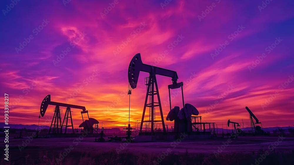 Silhouettes of oil pumps stand tall against a vibrant sunset sky, their presence symbolizing the extraction of crude oil from the Earth's depths Silhouettes of oil pumps stand tall against a vibrant sunset sky, their presence symbolizing the extraction of crude oil from the Earth's depths