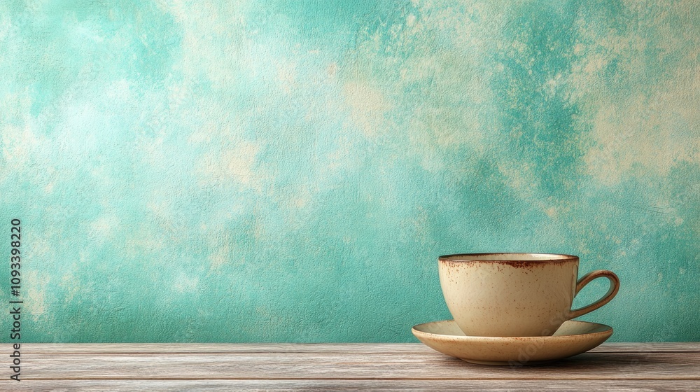 Coffee cup on a rustic wooden table with a textured pastel green wall background, creating a calm and inviting ambiance. Coffee cup on a rustic wooden table with a textured pastel green wall background, creating a calm and inviting ambiance.