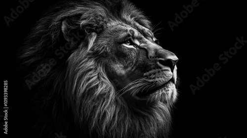 Majestic lion portrait showcasing strength and divinity against a stark black background, representing the essence of a powerful king.