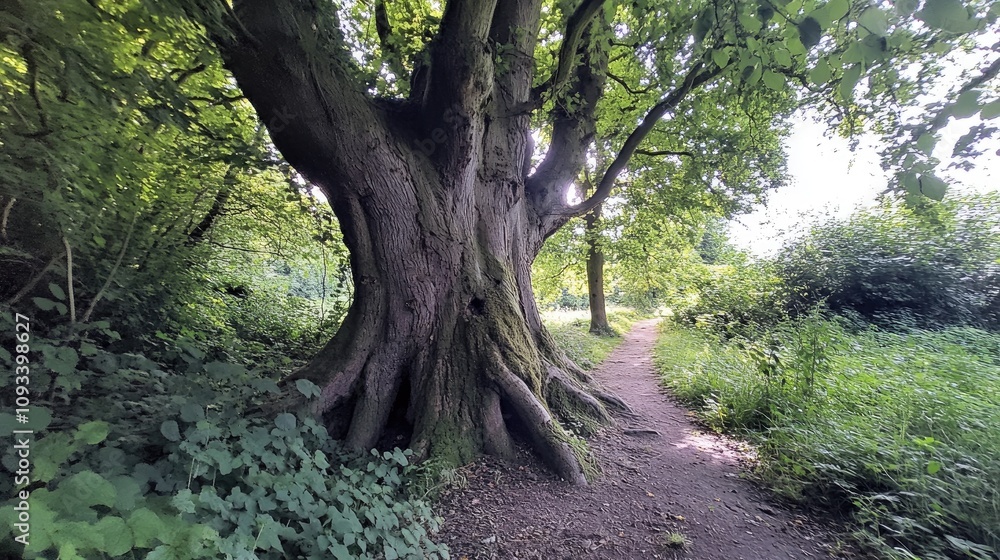 Majestic beech tree trunk with textured bark enveloped by vibrant green foliage and a winding dirt path in a serene forest setting Majestic beech tree trunk with textured bark enveloped by vibrant green foliage and a winding dirt path in a serene forest setting