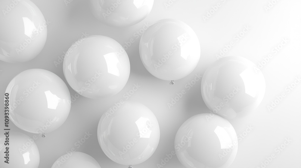 A collection of glossy white balloons scattered on a bright, minimalist background, providing ample space for text or decorative elements. A collection of glossy white balloons scattered on a bright, minimalist background, providing ample space for text or decorative elements.