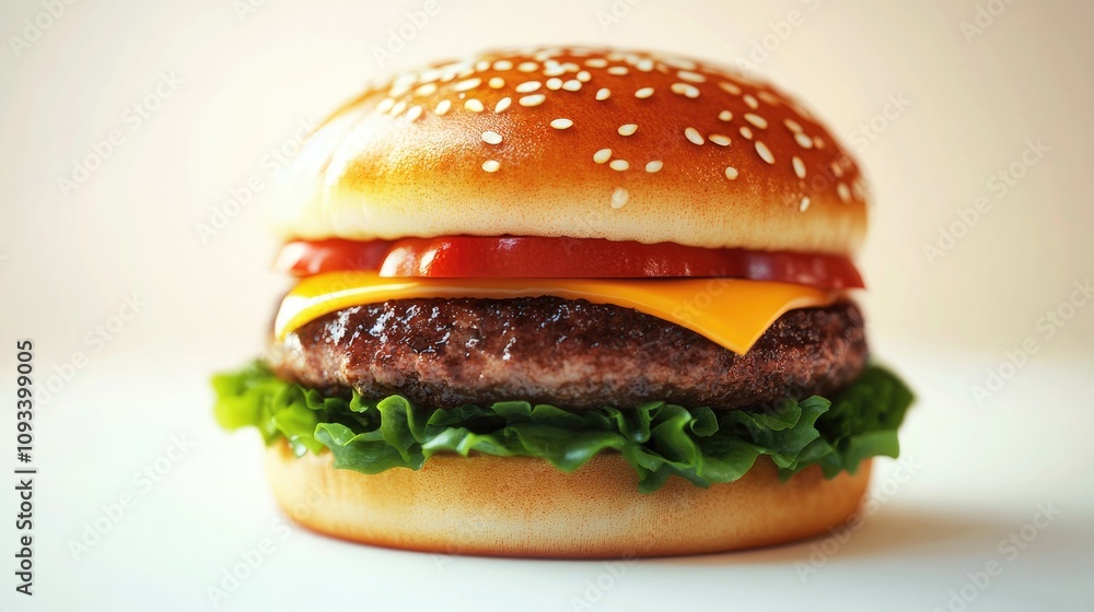Vibrant burger illustration featuring a toasted sesame seed bun, fresh lettuce, melted cheddar, ripe tomatoes, and a juicy beef patty, emphasizing a healthy fast food idea. Vibrant burger illustration featuring a toasted sesame seed bun, fresh lettuce, melted cheddar, ripe tomatoes, and a juicy beef patty, emphasizing a healthy fast food idea.